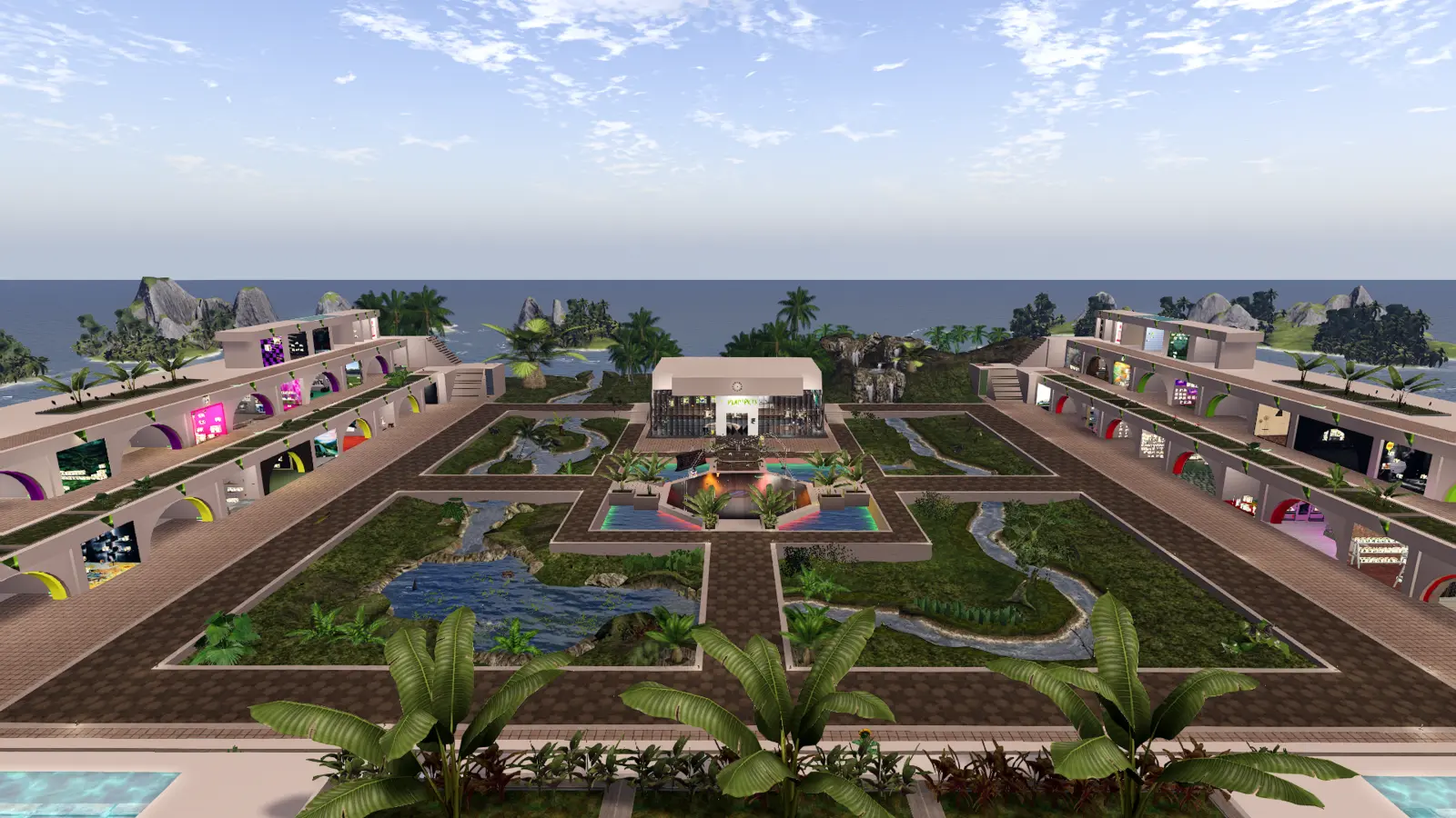 Wide view across the landscaped PlantPets Market courtyard